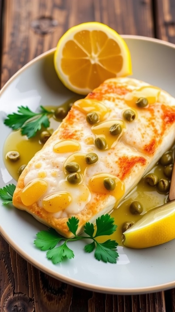 A gourmet plate of Mahi Mahi Piccata with lemon sauce and capers, garnished with parsley and lemon wedge on a rustic table.